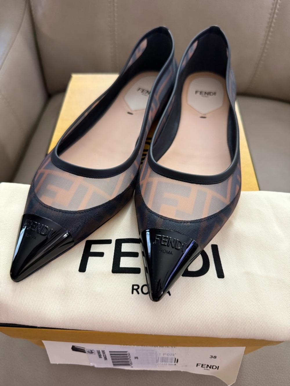 Fendi Black Pointed Mesh Flats with Nude Insole - Picture 3 of 5